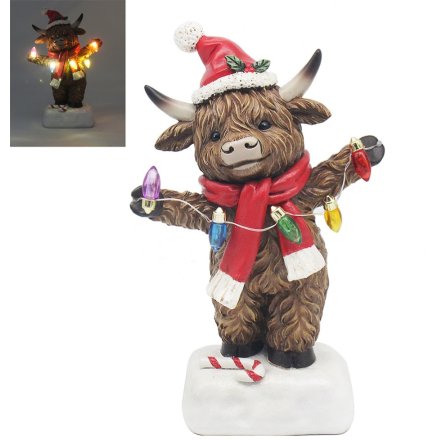 Highland Cow Boy With Led Lights, 17cm