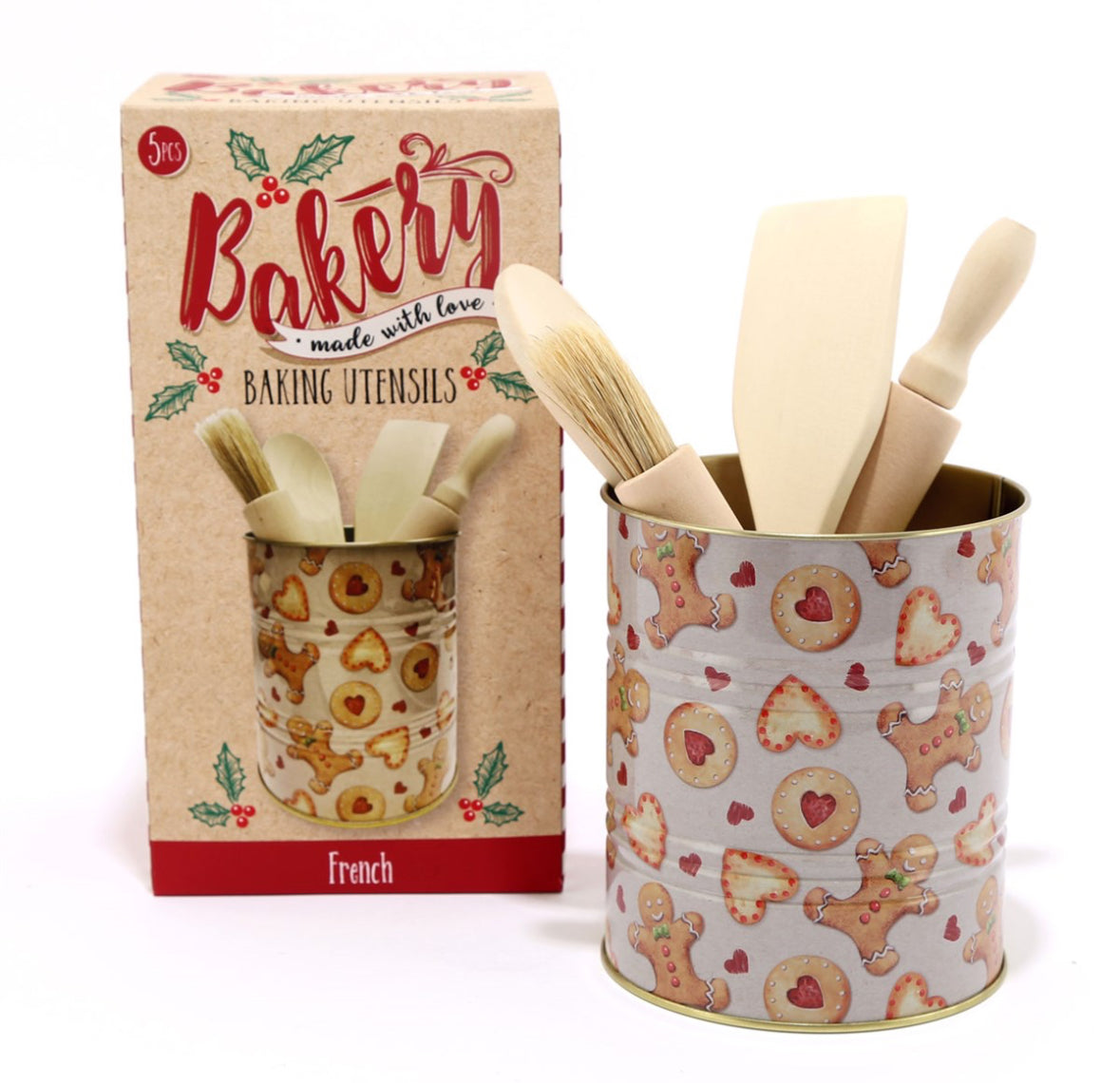 SET OF 4 WOODEN BAKING UTENSILS IN TIN HOLDER