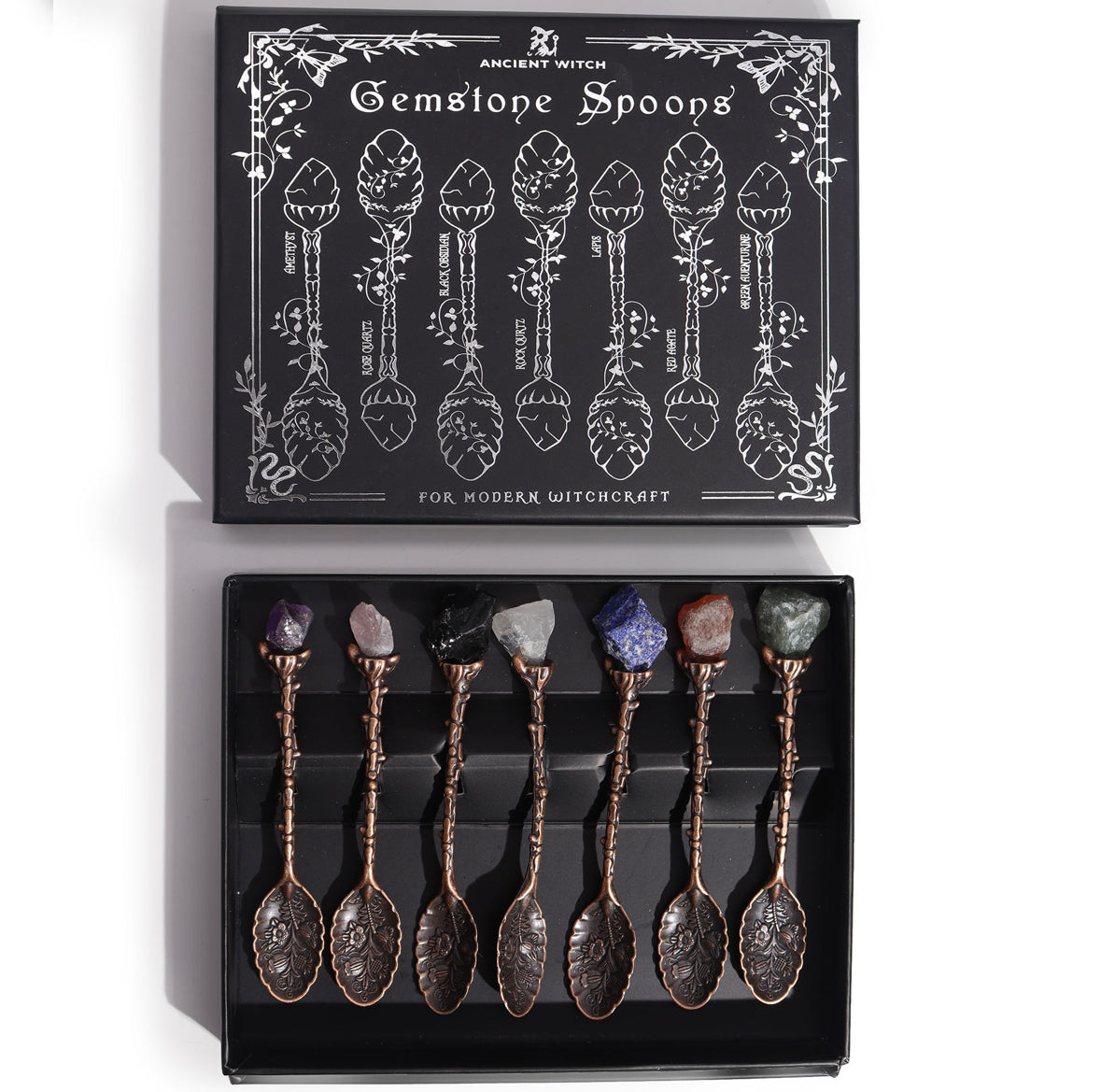 Set of 7 Bronze Gemstone Crystal Witch Spoons