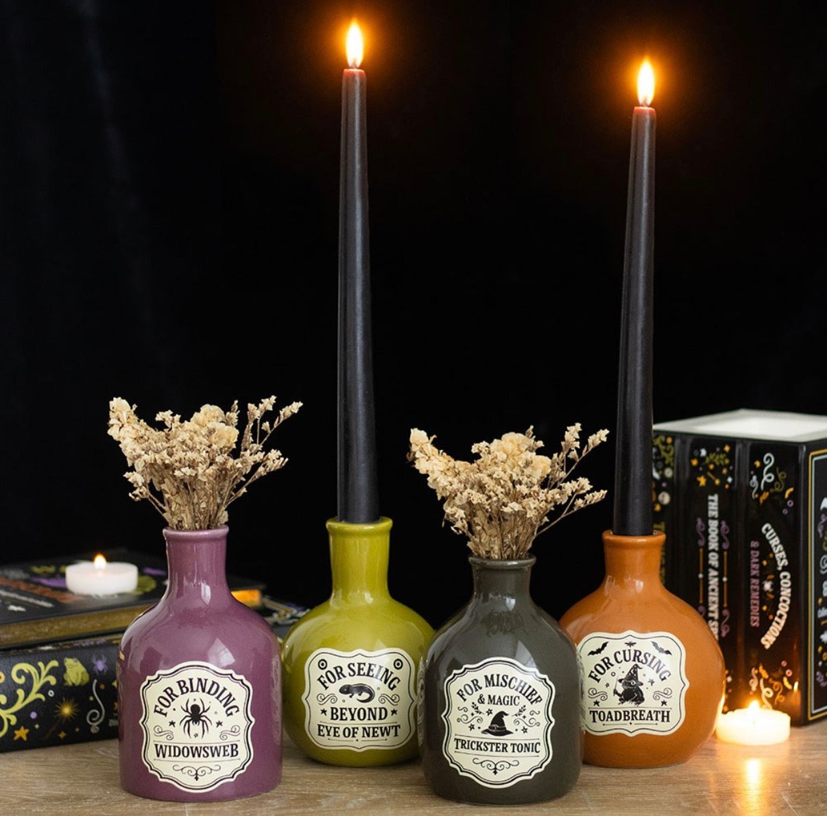 SET OF 4 POTION BOTTLE VASES AND CANDLE HOLDERS