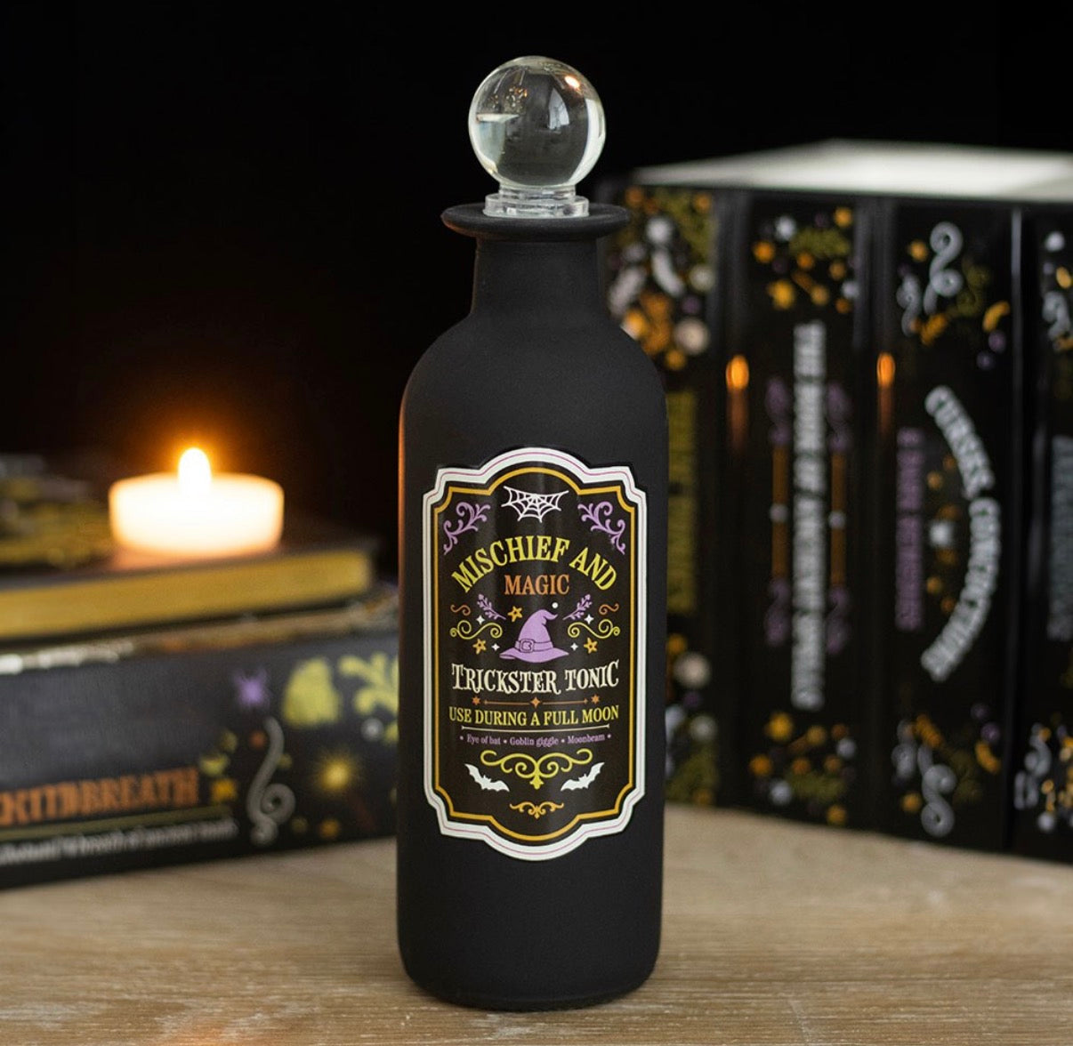 MISCHIEF AND MAGIC DECORATIVE GLASS POTION BOTTLE