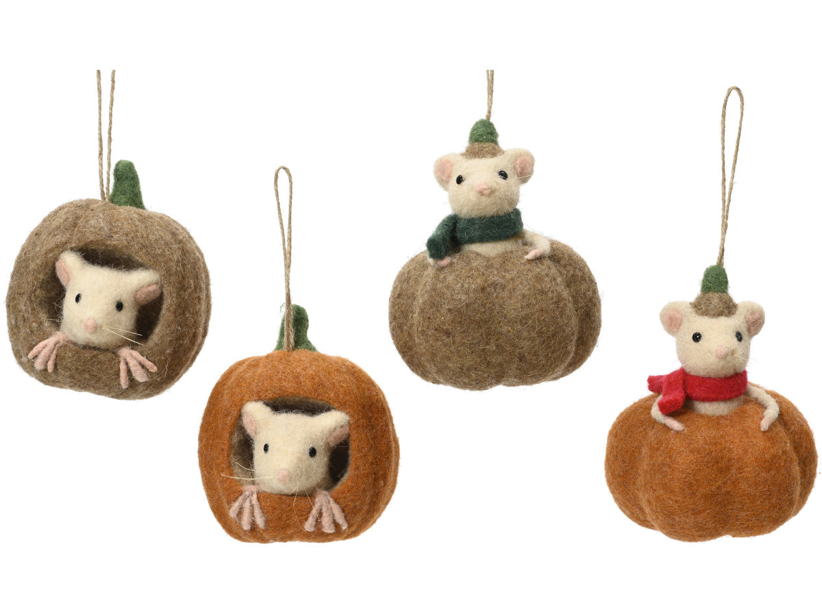PUMPKIN FELT HANGER W/ MICE 12CM