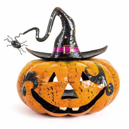 METAL PUMPKIN CANDLE HOLDER W/SPIDER, 33CM
