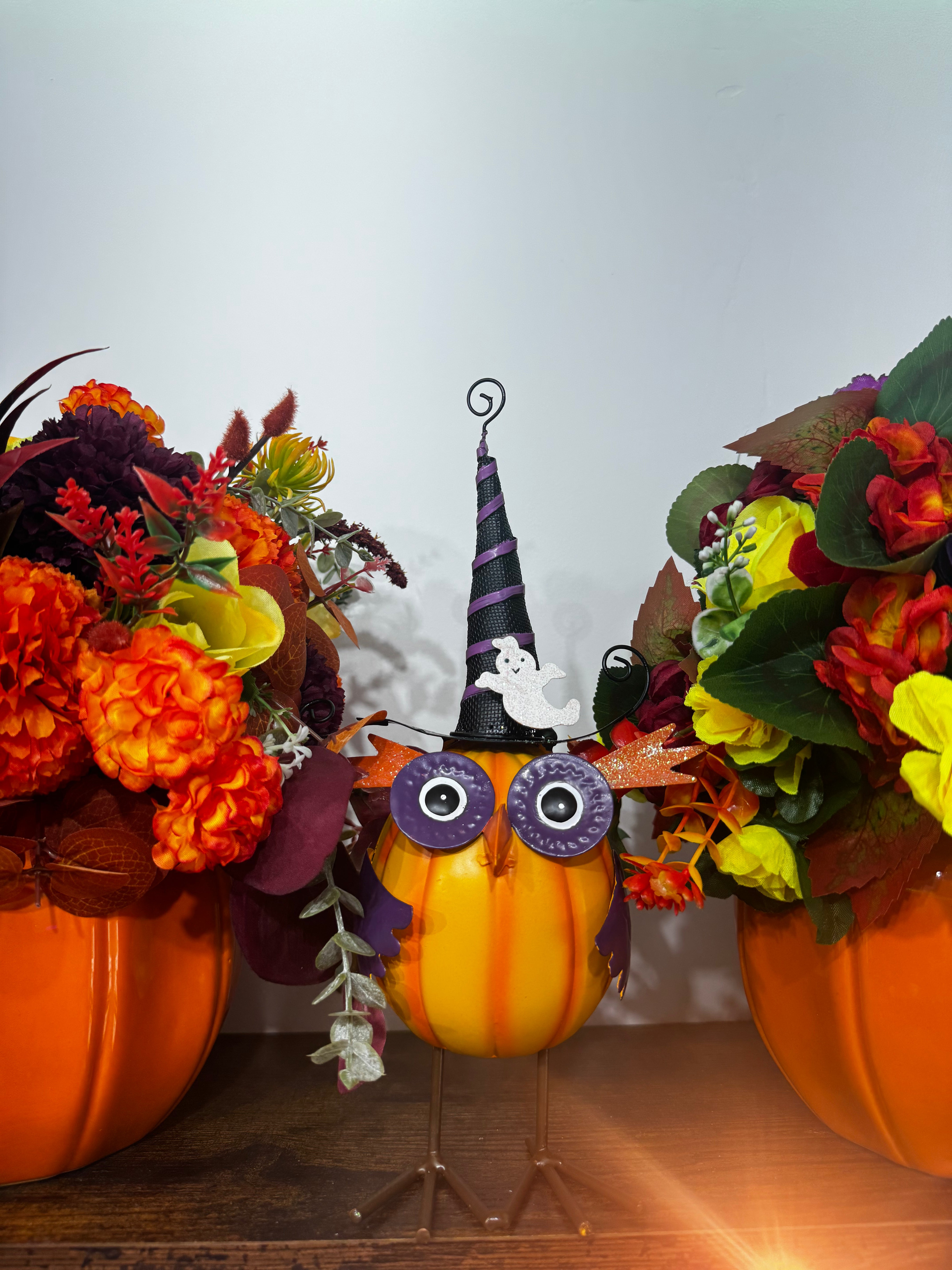 ORANGE METAL OWL ORNAMENT WITH WITCH HAT AND GHOST