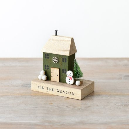 DARK GREEN WOODEN HOUSE BLOCK WITH SNOWMAN