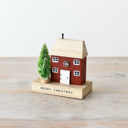 RED WOODEN HOUSE BLOCK WITH SNOWFLAKE, 12CM
