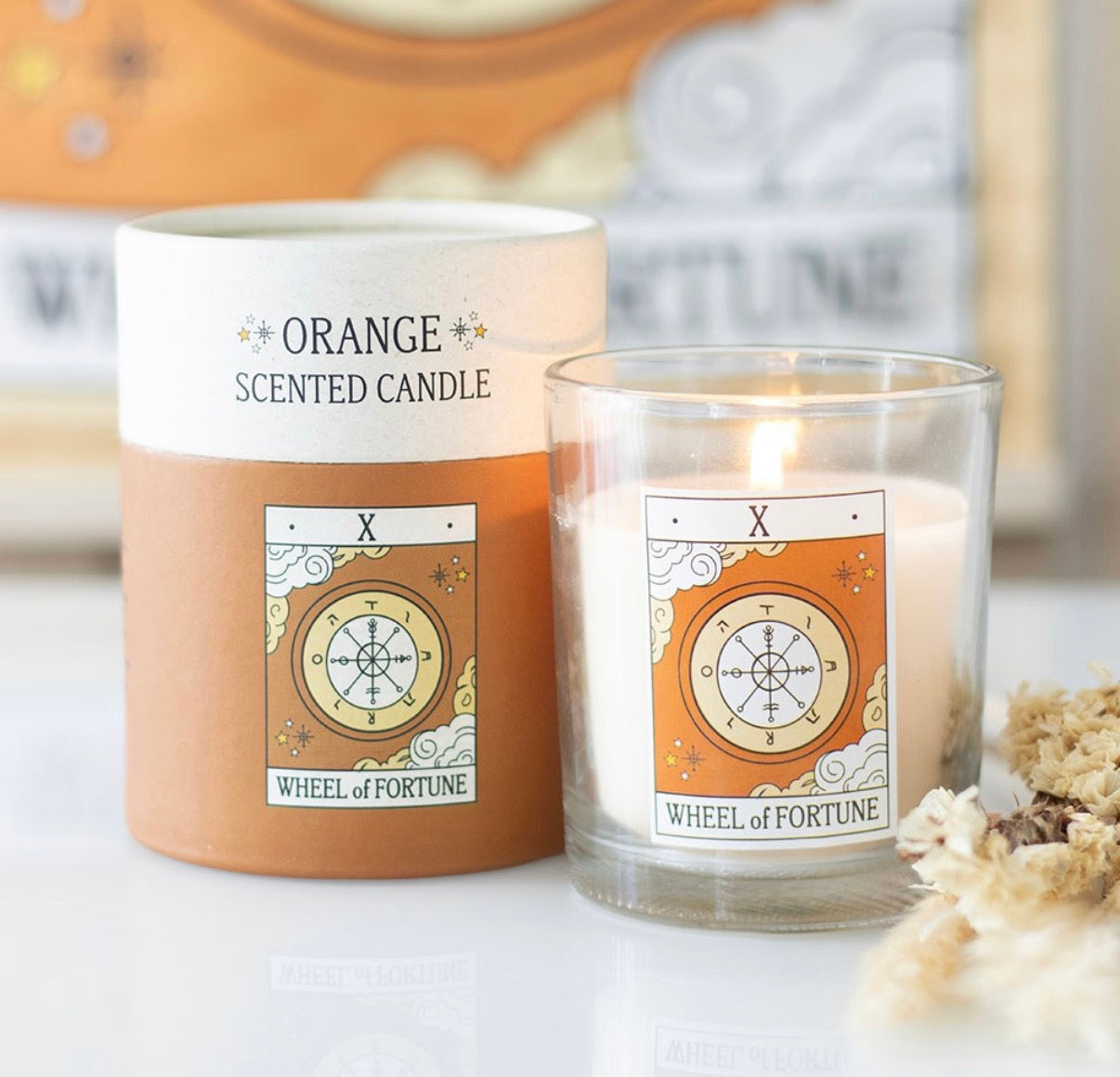 THE WHEEL OF FORTUNE VINTAGE TAROT ORANGE CANDLE