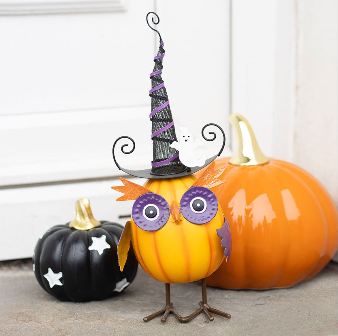 ORANGE METAL OWL ORNAMENT WITH WITCH HAT AND GHOST