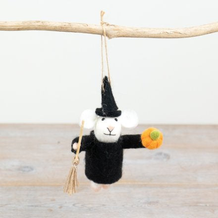 FELT WITCH MOUSE HANGER, 14CM