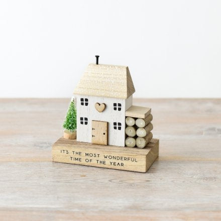 IT'S THE MOST WONDERFUL TIME... WOODEN HOUSE BLOCK WITH FIREWOOD, 12CM