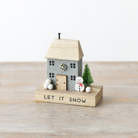 LET IT SNOW WOODEN BLOCK HOUSE WITH SNOWMAN